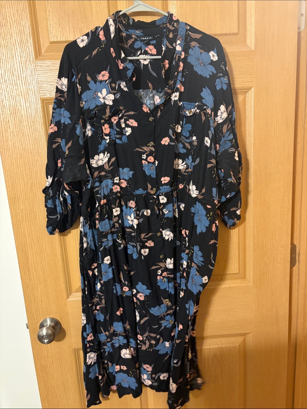 torrid Black Floral Button-Front Midi Dress with Blue and Pink Blooms